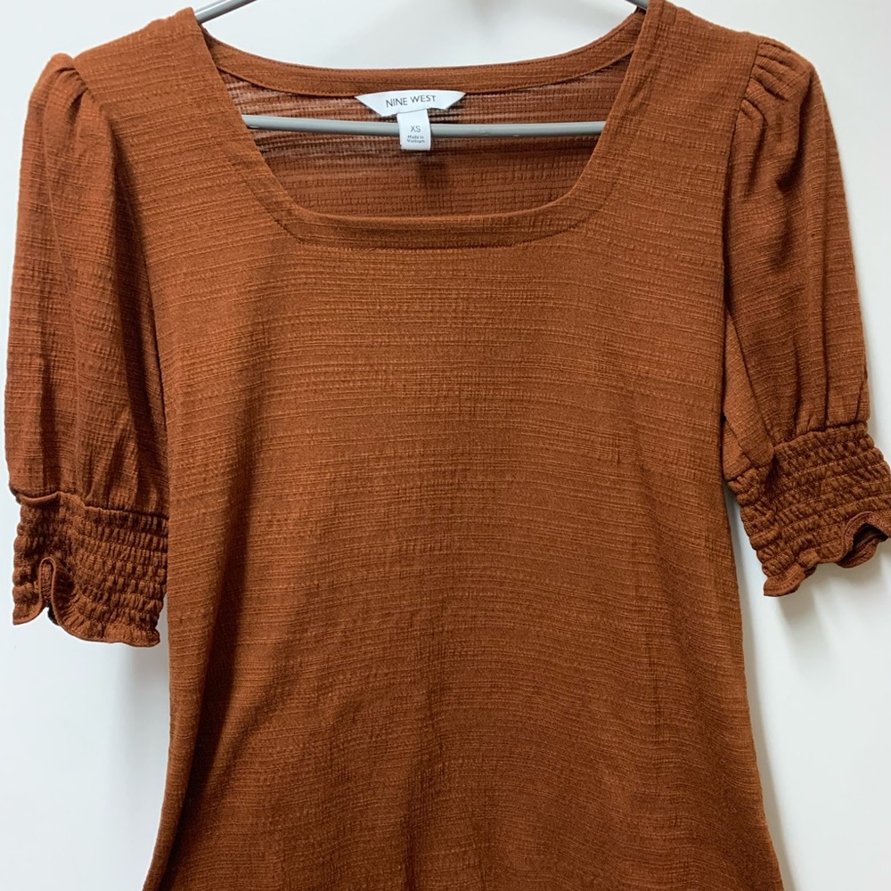 Nine West Brown Smocked Blouse with Puff Sleeves